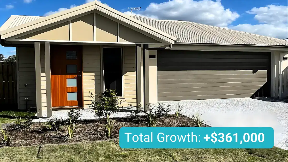 Modern single-story investment home with landscaped front yard showing $361,000 total property growth.