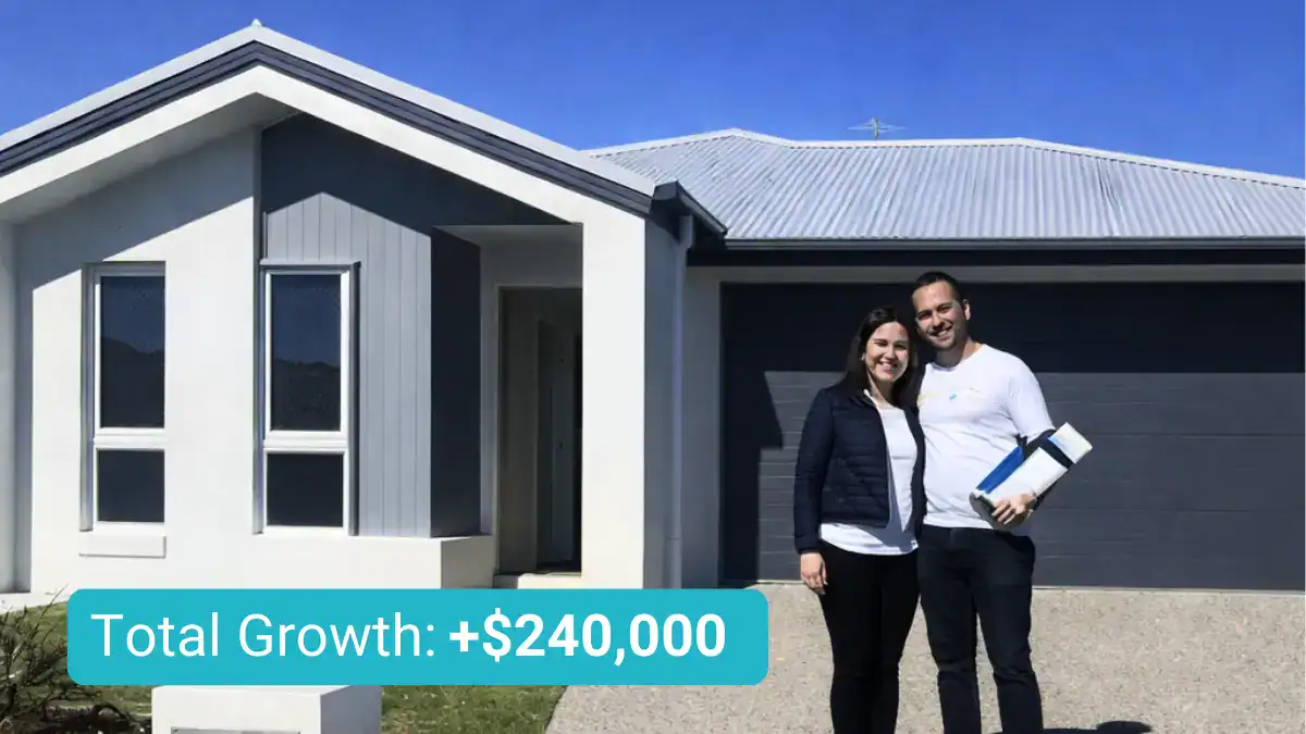 Modern home with a couple standing outside celebrating $240,000 property growth.