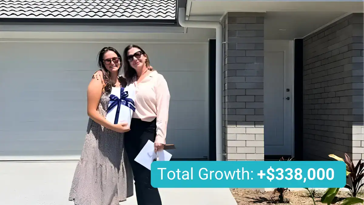 Two women standing in front of a newly built home celebrating a $338,000 property growth.