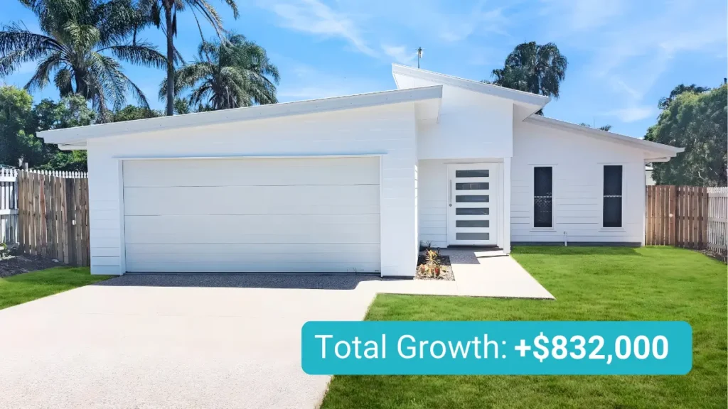 Modern white single-story investment home with landscaped yard showing **$832,000 total property growth**.