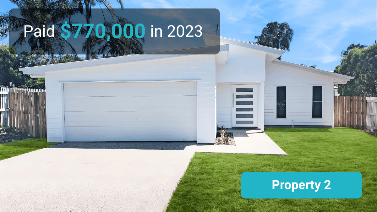 Modern white investment home exterior showing purchase price of $770,000 in 2023.