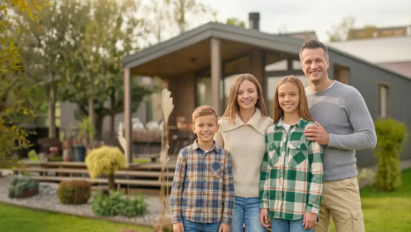 Family of four standing on a lawn in front of their modern home, smiling and enjoying home ownership.