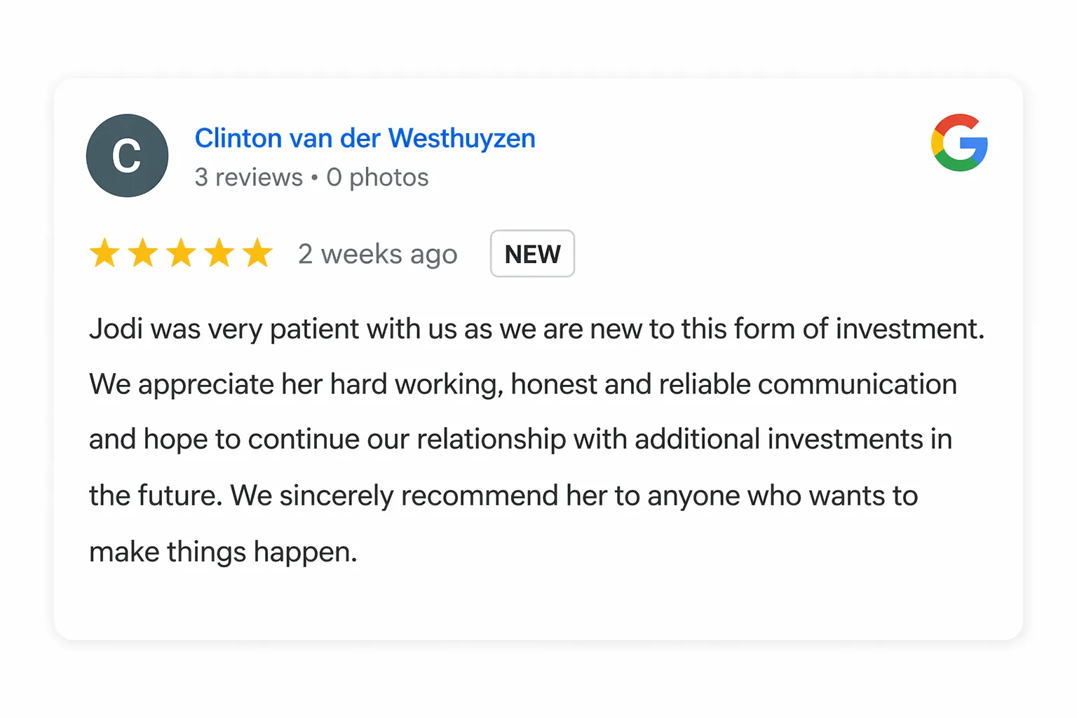 Google review from Clinton van der Westhuyzen